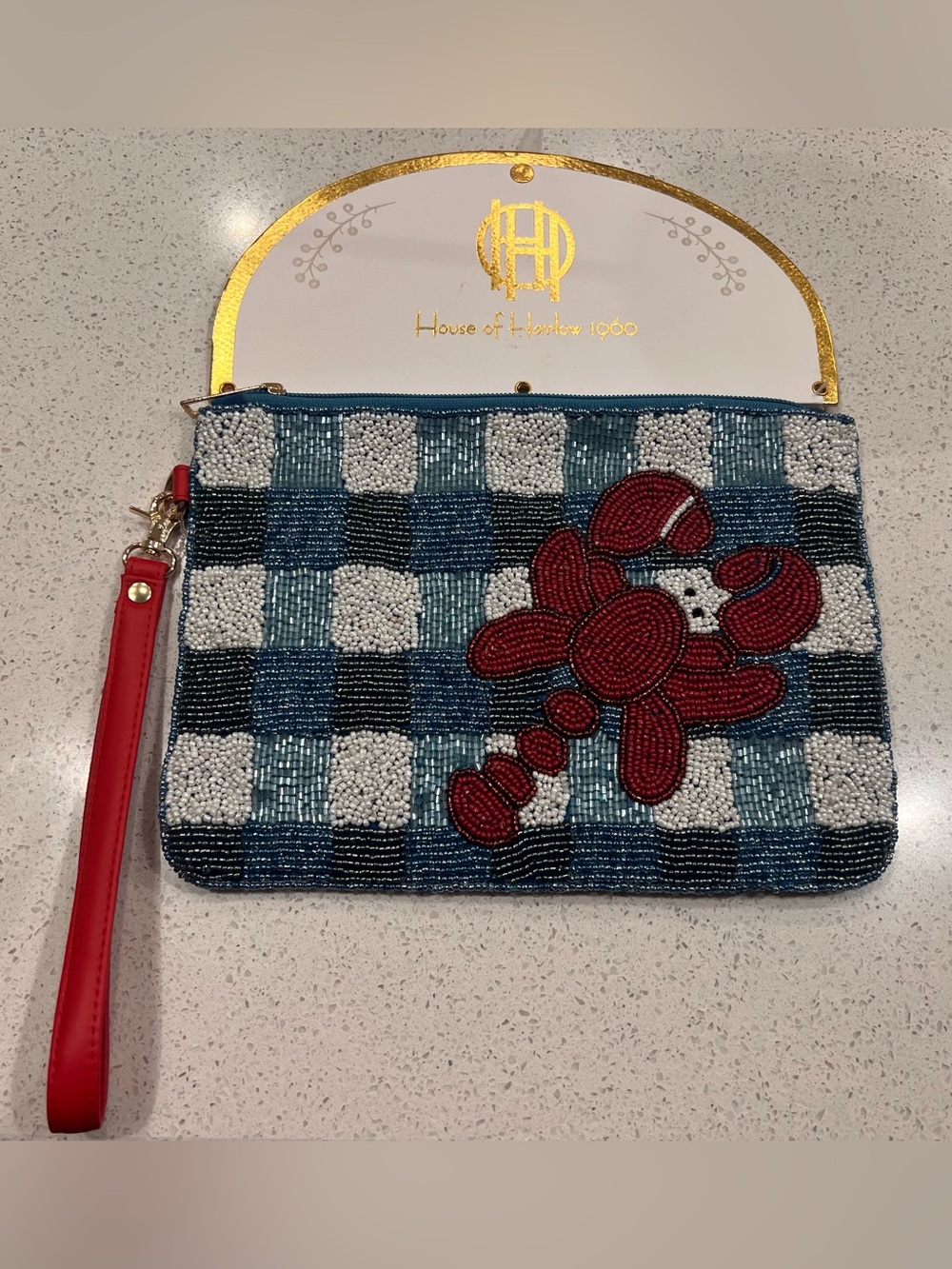 House of Harlow 1960 Beaded Lobster Plaid Wristlet Clutch